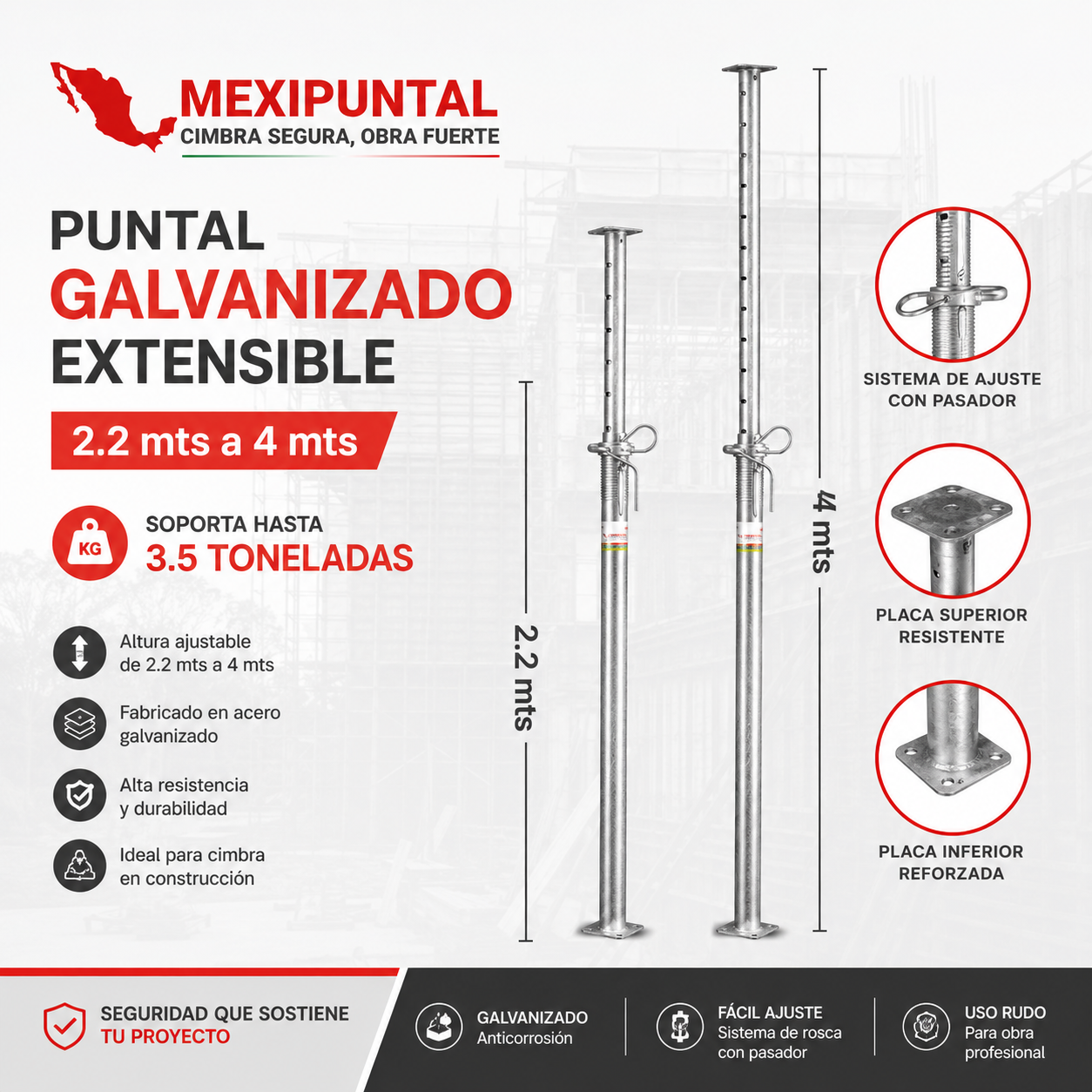 Puntal metálico galvanizado extensible MexiPuntal abierto y cerrado